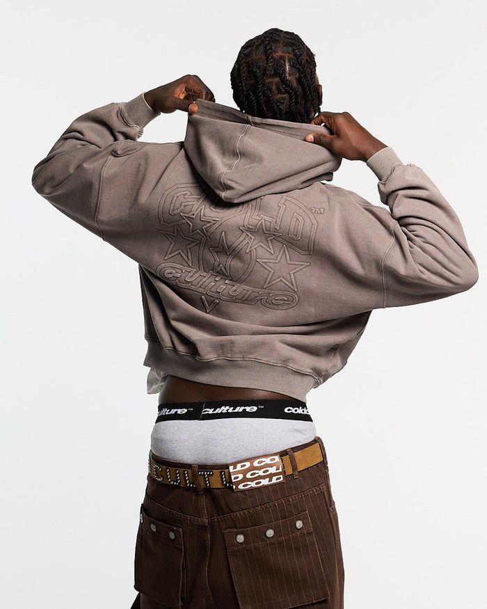 FROM COLD TO THE STARS HOODIE GREY - washed grey hoodie, back view on male model - Cold Culture #man