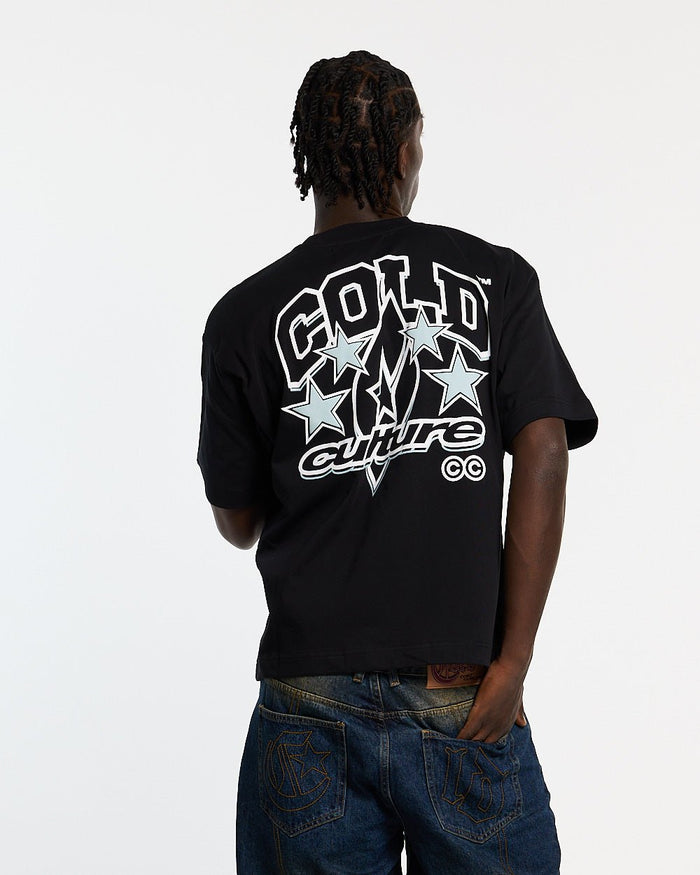 FROM COLD TO THE STARS TEE BLACK - black graphic print tee, back view on male model - Cold Culture #man