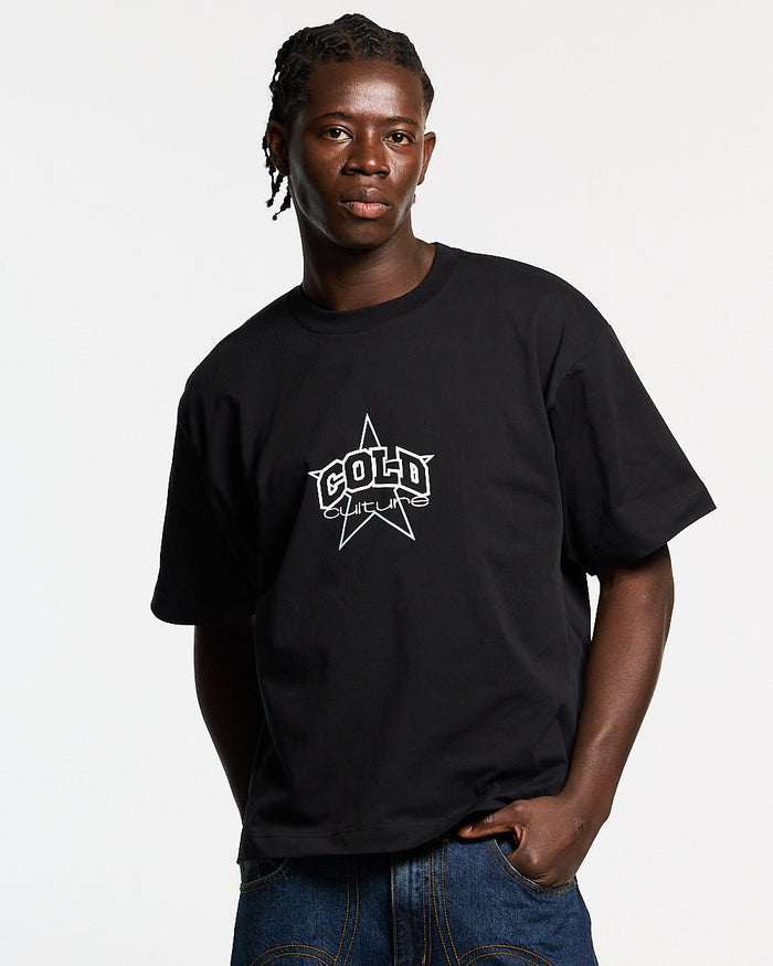 FROM COLD TO THE STARS TEE BLACK - black graphic print tee, front view on male model - Cold Culture #man