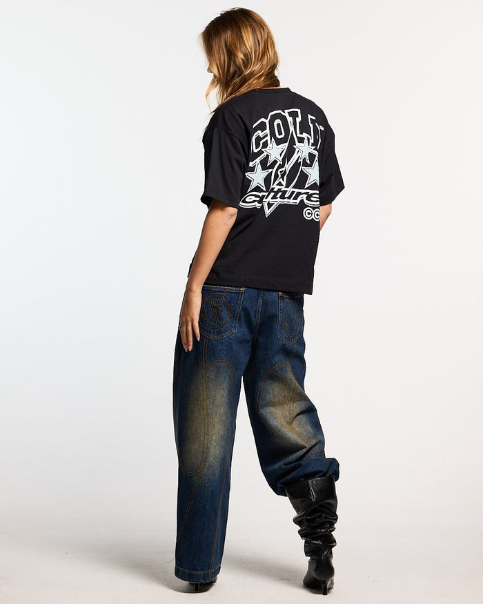 FROM COLD TO THE STARS TEE BLACK - black graphic print tee, back view on female model - Cold Culture #woman