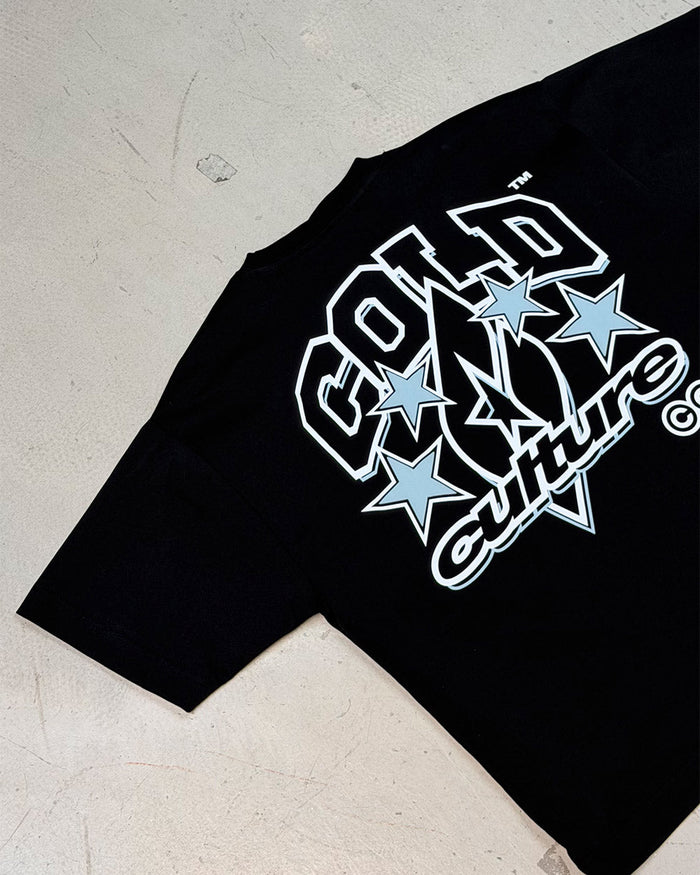 FROM COLD TO THE STARS TEE BLACK - black graphic print tee, detail close-up - Cold Culture