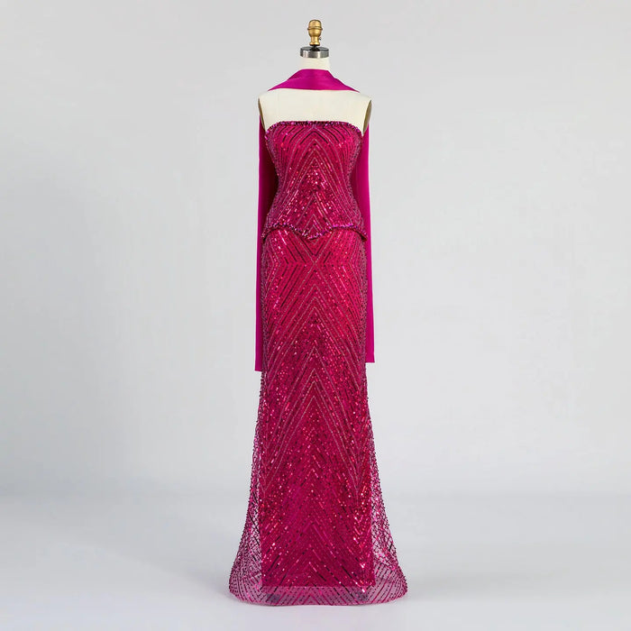 Fuchsia Strapless Full Bead Mermaid Evening Gown, Chevron Glitter Sequin Floor Length Dress With Neck Sash ST003 Sheer Fairy
