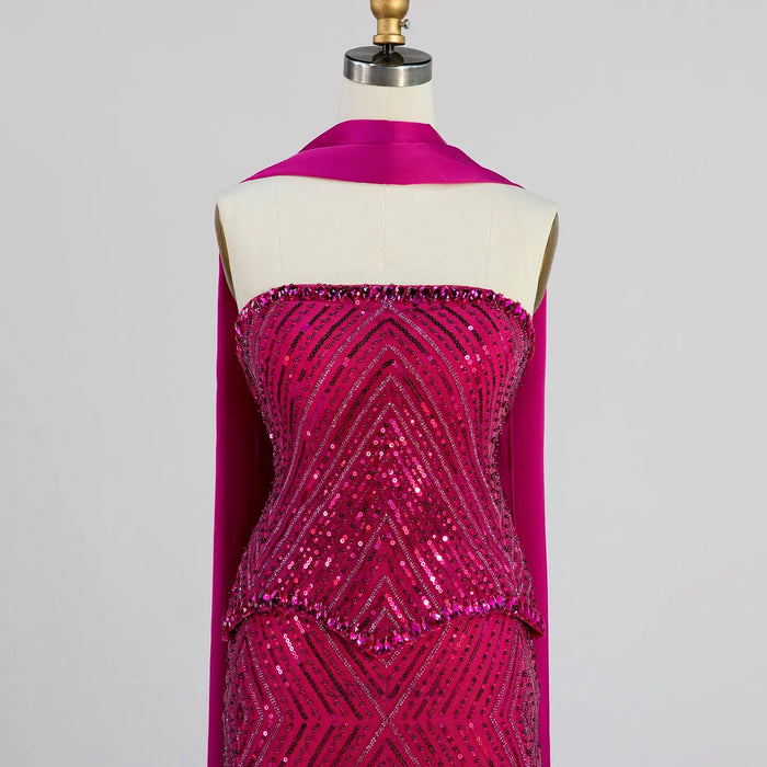 Fuchsia Strapless Full Bead Mermaid Evening Gown, Chevron Glitter Sequin Floor Length Dress With Neck Sash ST003 Sheer Fairy