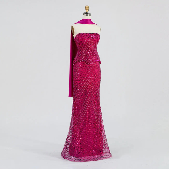 Fuchsia Strapless Full Bead Mermaid Evening Gown, Chevron Glitter Sequin Floor Length Dress With Neck Sash ST003 Sheer Fairy
