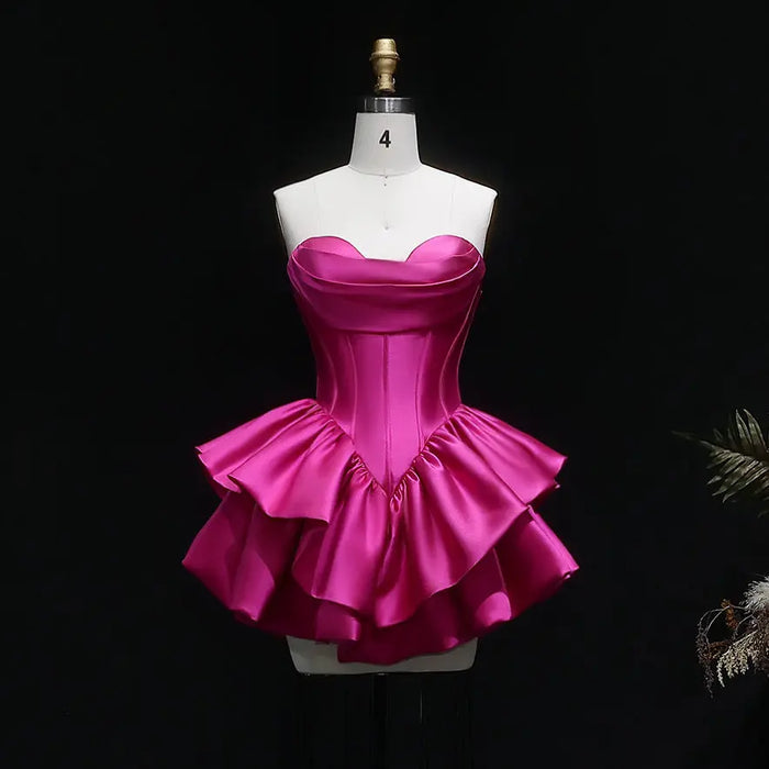 Fuchsia Sweetheart Satin Corset Short Homecoming Dress with Layered Ruffle Skirt RM142 Sheer Fairy
