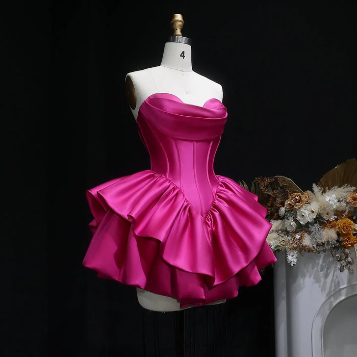 Fuchsia Sweetheart Satin Corset Short Homecoming Dress with Layered Ruffle Skirt RM142 Sheer Fairy