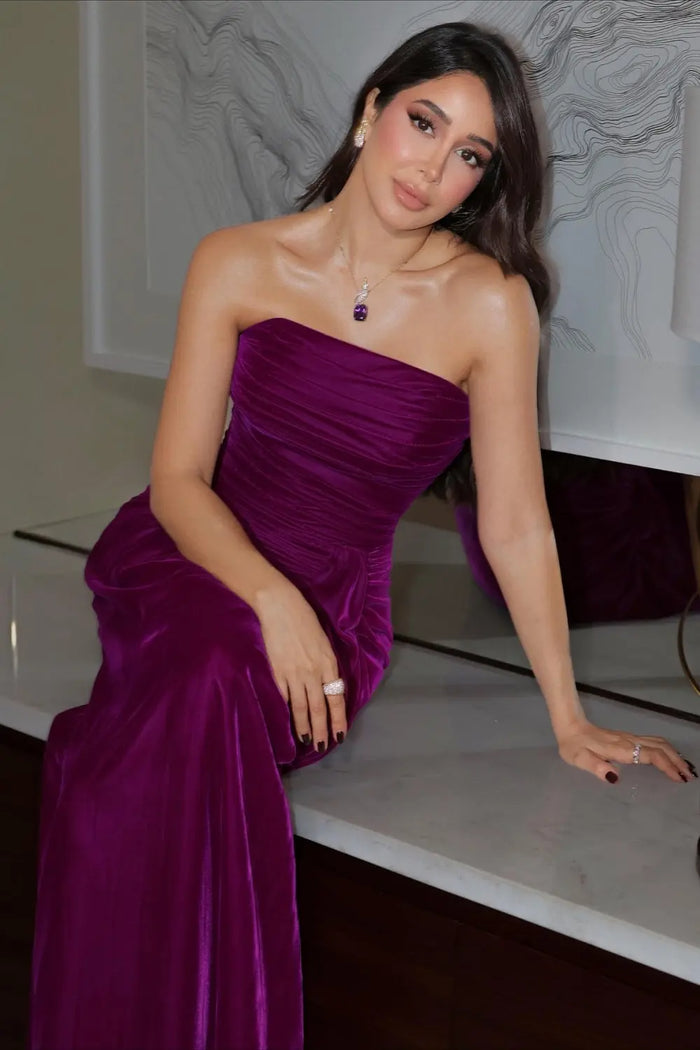 Fuchsia Velvet Ruched Sheath Evening Dress Strapless SF070 Sheer Fairy