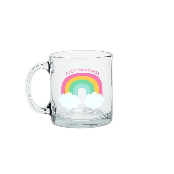 Clear glass mug with rainbow and cloud design on a white background