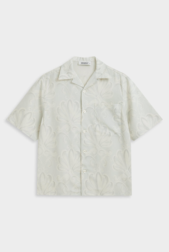 Venroy Fuji Silk Camp Collar Shirt - Grey Blue Palmette Floral