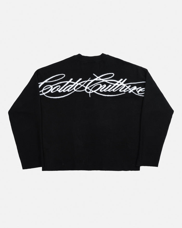 FURRY SCRIPT KNIT BLACK - black fuzzy script knit sweater, back view - Cold Culture
