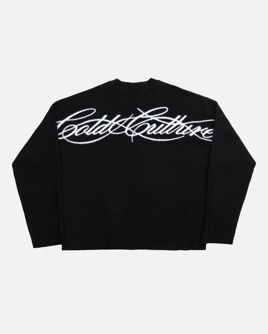 FURRY SCRIPT KNIT BLACK - black fuzzy script knit sweater, back view - Cold Culture