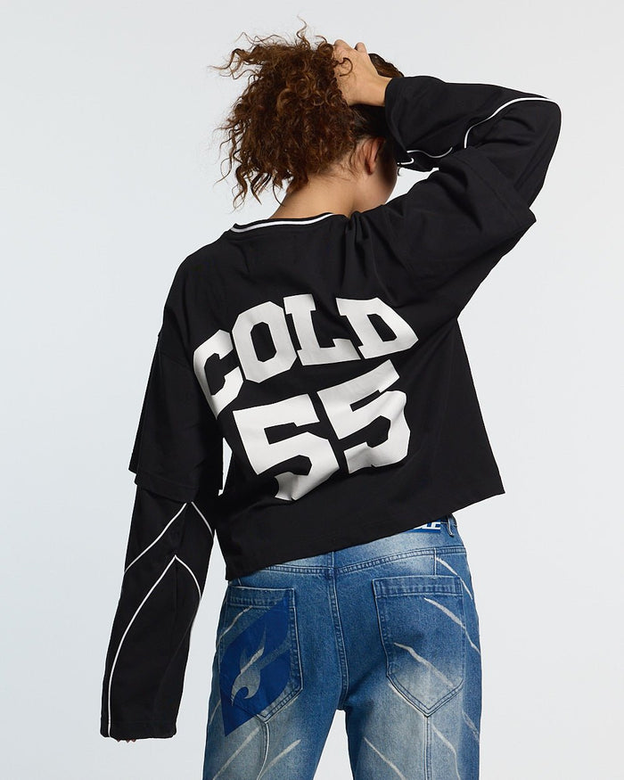 GAME ON LONGSLEEVE BLACK - black graphic print longsleeve tee, back view on female model - Cold Culture #woman