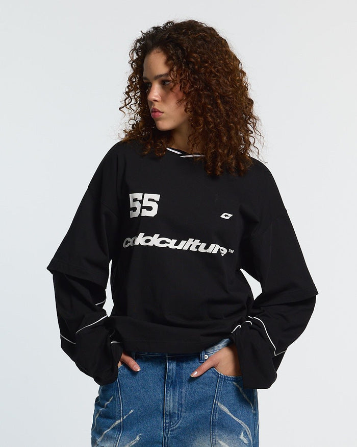 GAME ON LONGSLEEVE BLACK - black graphic print longsleeve tee, front view on female model - Cold Culture #woman