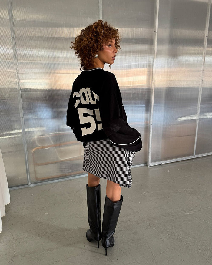 GAME ON LONGSLEEVE BLACK - black graphic print longsleeve tee, back view on female model - Cold Culture