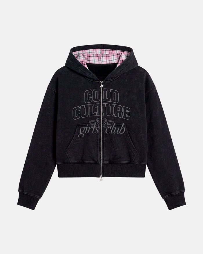 GIRLS CLUB ZIP HOODIE BLACK - black women's zip-up hoodie, front view - Cold Culture