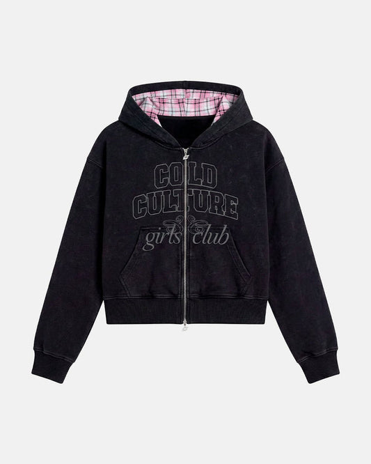 GIRLS CLUB ZIP HOODIE BLACK - black women's zip-up hoodie, front view - Cold Culture