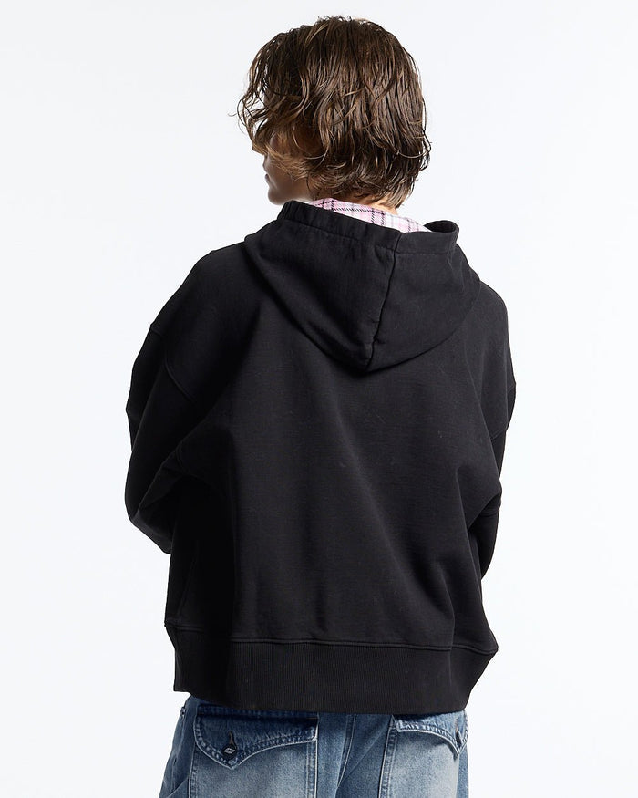 GIRLS CLUB ZIP HOODIE BLACK - black women's zip-up hoodie, back view on female model - Cold Culture