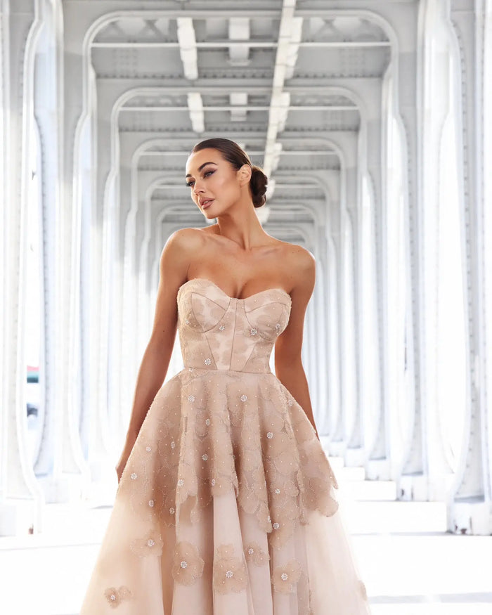 Glamorous Champagne Multi-Layer Tulle Floral Beaded Strapless Midi Homecoming Dress RM231 Sheer Fairy