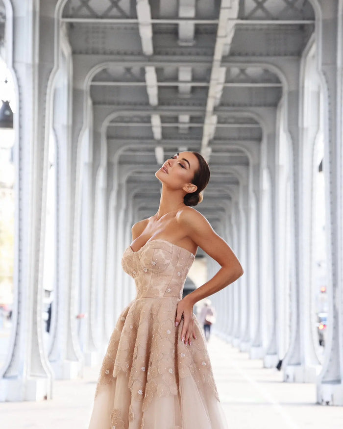 Glamorous Champagne Multi-Layer Tulle Floral Beaded Strapless Midi Homecoming Dress RM231 Sheer Fairy