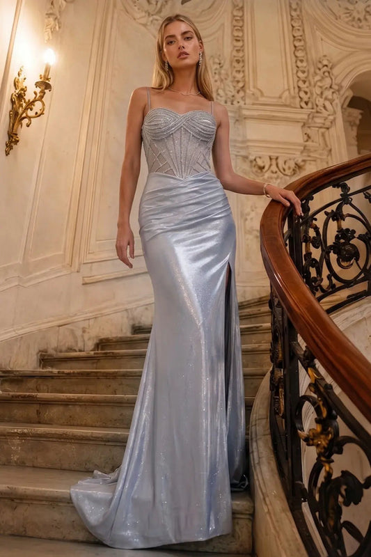 Glamorous Gray Sheer Mesh Rhinestone Lace Up Back Train Prom Dress SH198 Sheer Fairy