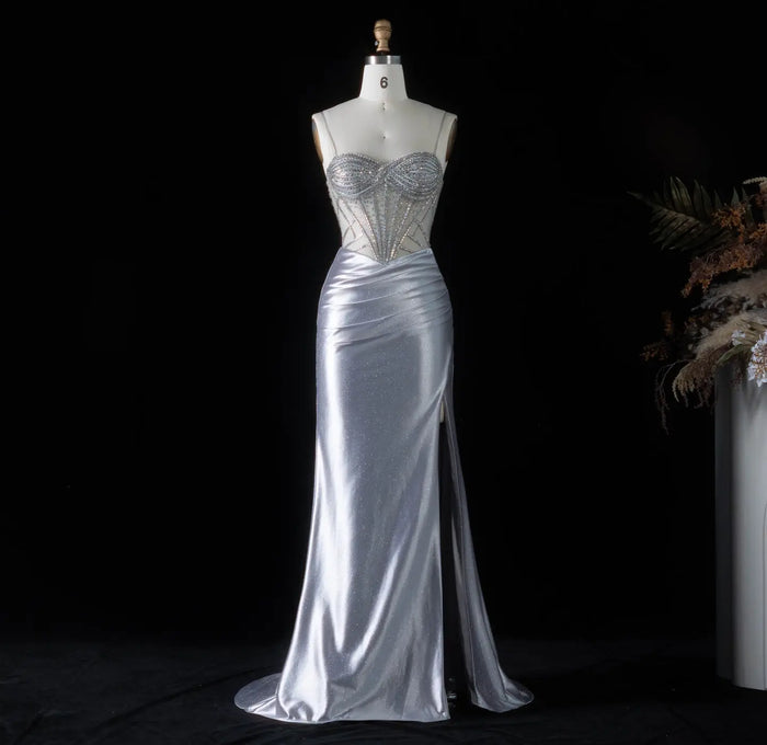Glamorous Gray Sheer Mesh Rhinestone Lace Up Back Train Prom Dress SH198 Sheer Fairy