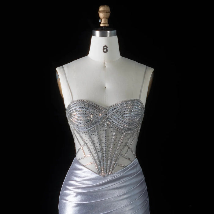 Glamorous Gray Sheer Mesh Rhinestone Lace Up Back Train Prom Dress SH198 Sheer Fairy