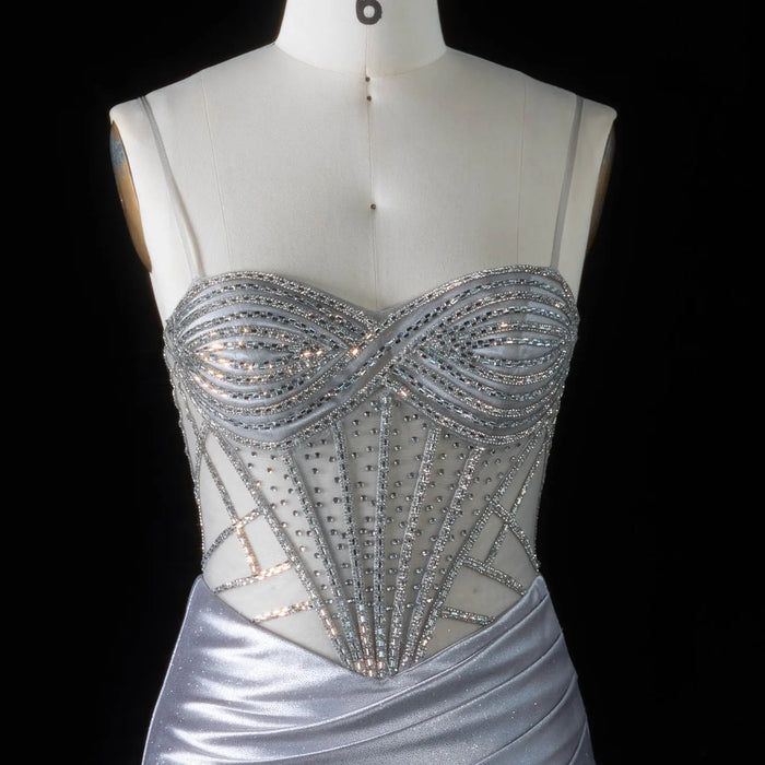 Glamorous Gray Sheer Mesh Rhinestone Lace Up Back Train Prom Dress SH198 Sheer Fairy