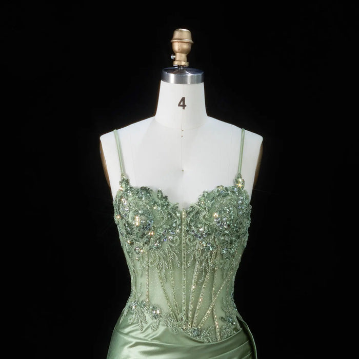 Glamorous Mint Green Beaded Floral Mesh Lace Up Back Train Prom Dress SH197 Sheer Fairy