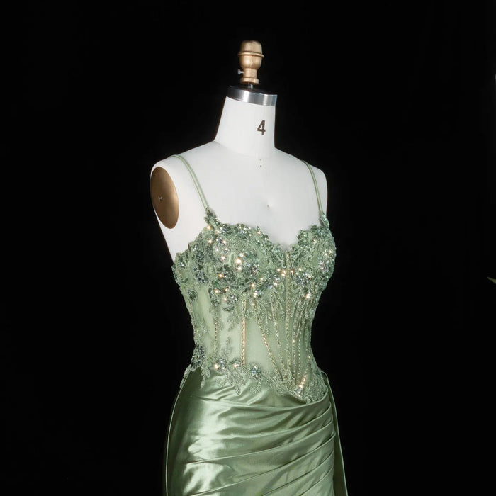 Glamorous Mint Green Beaded Floral Mesh Lace Up Back Train Prom Dress SH197 Sheer Fairy