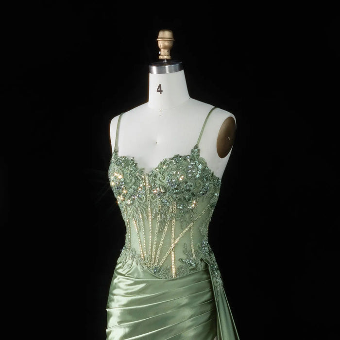 Glamorous Mint Green Beaded Floral Mesh Lace Up Back Train Prom Dress SH197 Sheer Fairy