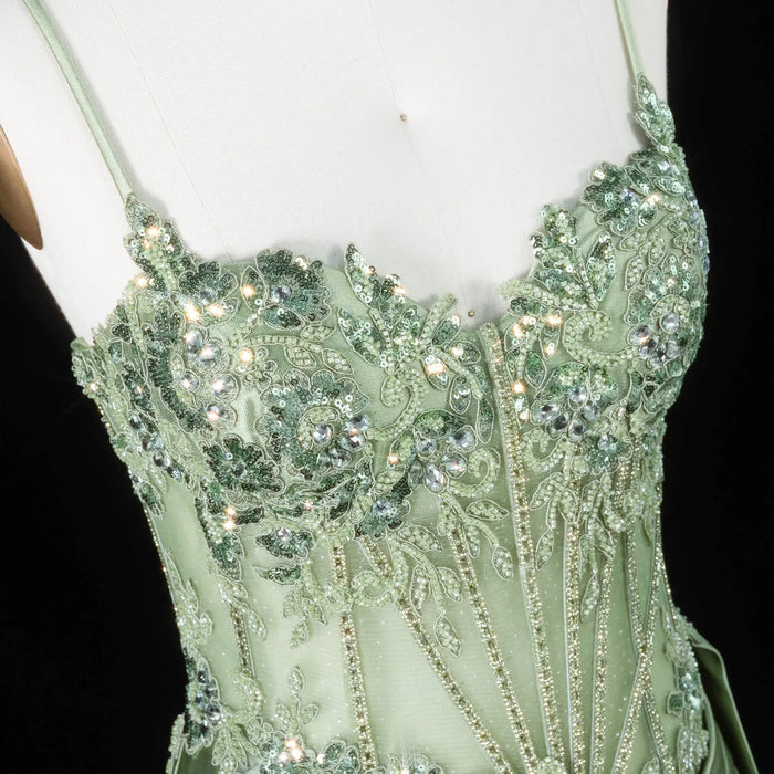 Glamorous Mint Green Beaded Floral Mesh Lace Up Back Train Prom Dress SH197 Sheer Fairy