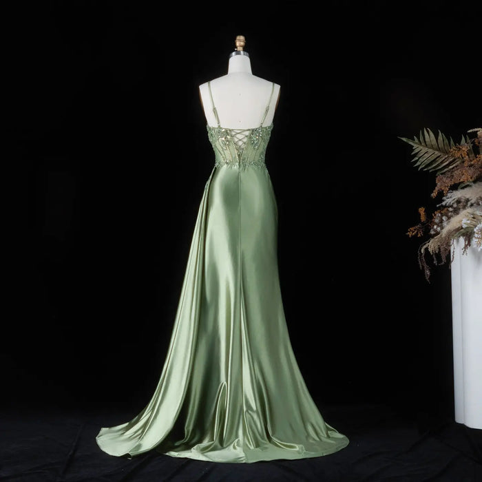 Glamorous Mint Green Beaded Floral Mesh Lace Up Back Train Prom Dress SH197 Sheer Fairy