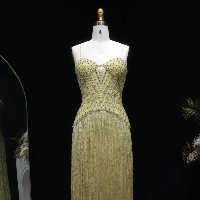 Glamorous Yellow Fringe A Line Evening Gown with Beaded Sweetheart Neckline SS522 Sheer Fairy