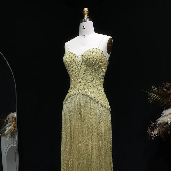 Glamorous Yellow Fringe A Line Evening Gown with Beaded Sweetheart Neckline SS522 Sheer Fairy
