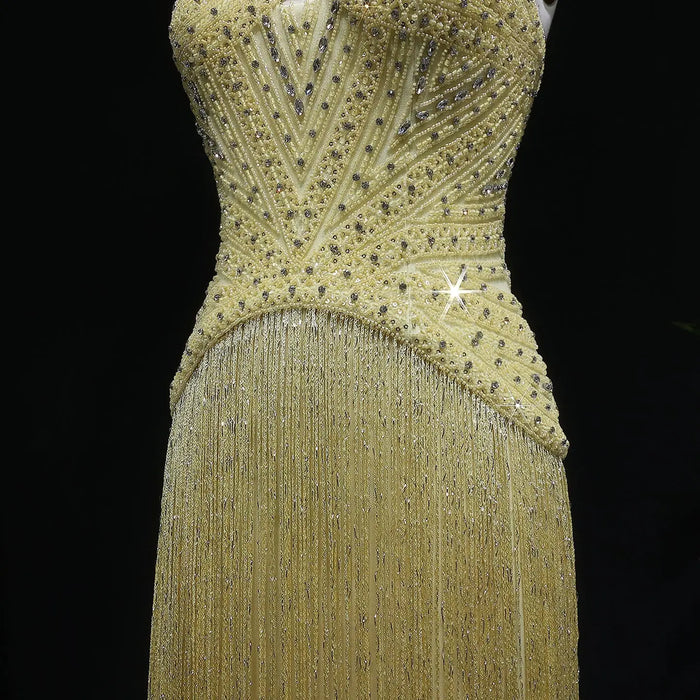 Glamorous Yellow Fringe A Line Evening Gown with Beaded Sweetheart Neckline SS522 Sheer Fairy