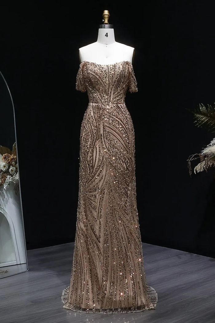 Gold Sequin Off-the-Shoulder Sheath Prom Dress with All-Over Beaded SH134 Sheer Fairy