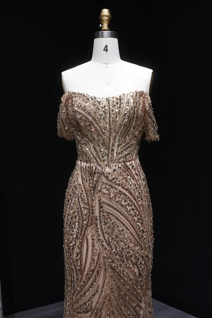Gold Sequin Off-the-Shoulder Sheath Prom Dress with All-Over Beaded SH134 Sheer Fairy