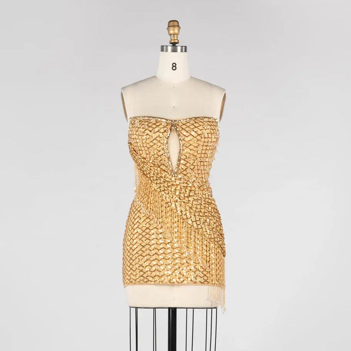 Gold Sequin Strapless Mini Evening Dress with Fringe Tassel and Cutout ST031 Sheer Fairy