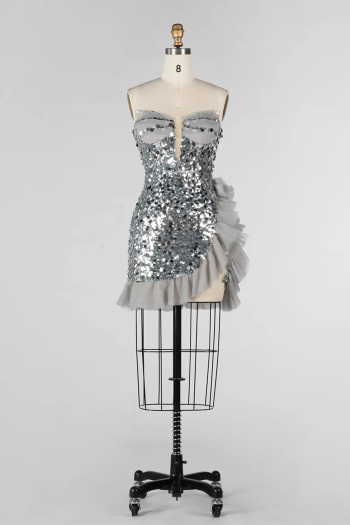 Gray Sequin Strapless Mini Evening Dress with Ruffle Tulle Hem ST019 Sheer Fairy