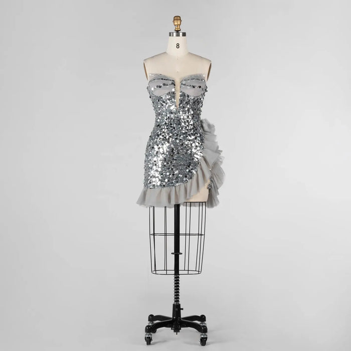 Gray Sequin Strapless Mini Evening Dress with Ruffle Tulle Hem ST019 Sheer Fairy