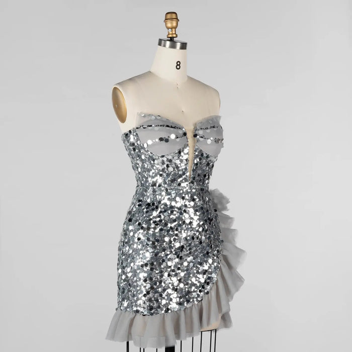 Gray Sequin Strapless Mini Evening Dress with Ruffle Tulle Hem ST019 Sheer Fairy