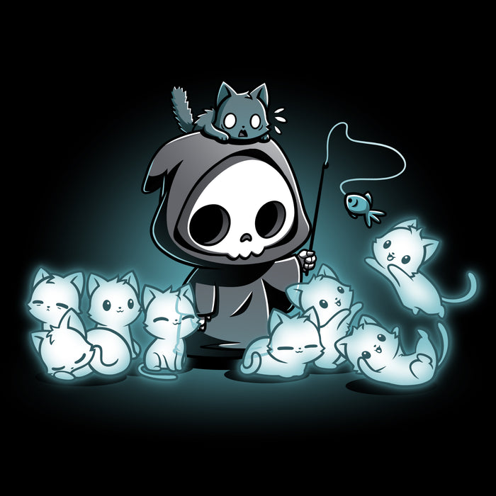 Men's Premium T-Shirt_TeeTurtle Grim and Kitties black t-shirt featuring a hooded skeleton figure, resembling a spooky Grim Reaper, standing surrounded by glowing ghostly cats. One cat is perched on its head while it playfully dangles a toy fish in front of the others.