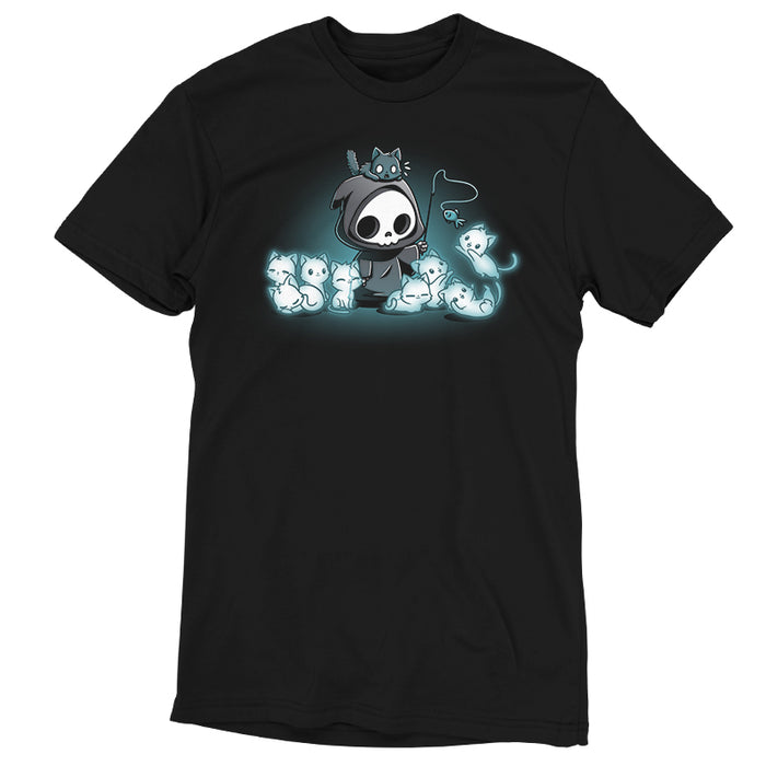 Men's Premium T-Shirt_TeeTurtle Grim and Kitties black t-shirt featuring a hooded skeleton figure, resembling a spooky Grim Reaper, standing surrounded by glowing ghostly cats. One cat is perched on its head while it playfully dangles a toy fish in front of the others.