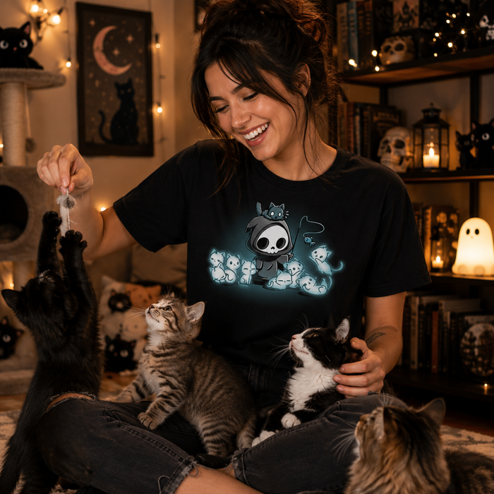 Men's Premium T-Shirt_TeeTurtle Grim and Kitties black t-shirt featuring a hooded skeleton figure, resembling a spooky Grim Reaper, standing surrounded by glowing ghostly cats. One cat is perched on its head while it playfully dangles a toy fish in front of the others.