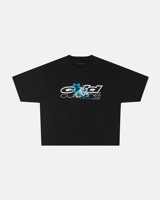 HAWAII CLUB TEE BLACK - black graphic print tee, front view - Cold Culture
