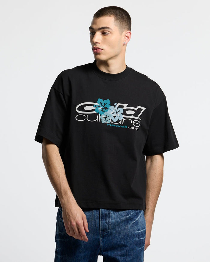 HAWAII CLUB TEE BLACK - black graphic print tee, front view on male model - Cold Culture #man