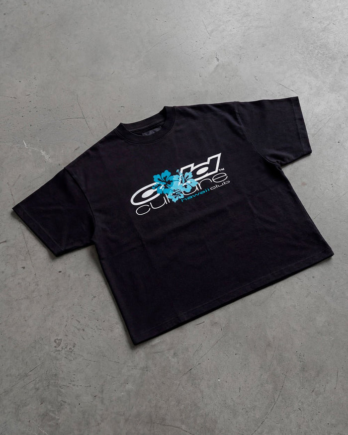 HAWAII CLUB TEE BLACK - black graphic print tee, flat lay - Cold Culture
