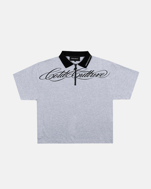 HEAT GYM POLO GREY - grey zip polo shirt, front view - Cold Culture