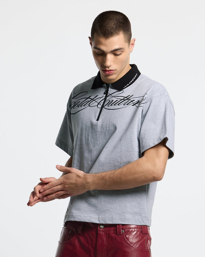 HEAT GYM POLO GREY - grey zip polo shirt, front view on male model - Cold Culture