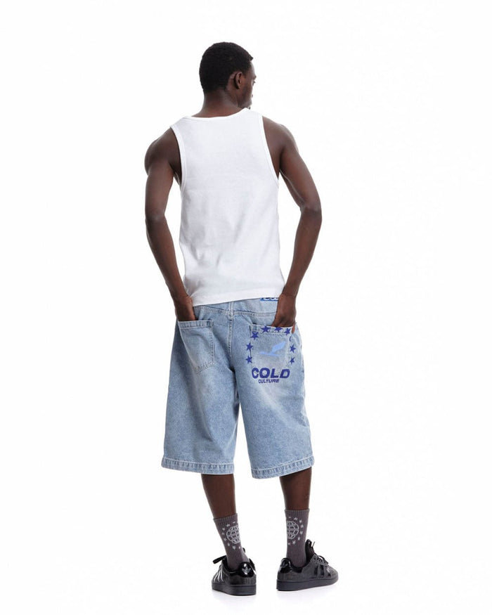 HEIGHTS V2 SHORTS LIGHT WASHED DENIM - light washed denim shorts, back view on male model - Cold Culture